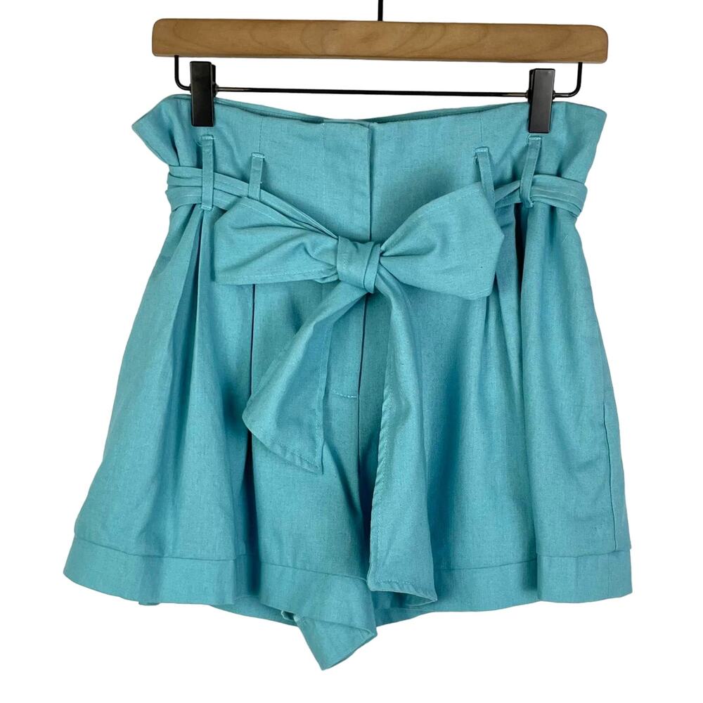 DO+BE High-Waist Paperbag Shorts in Aqua Blue with Tie Belt